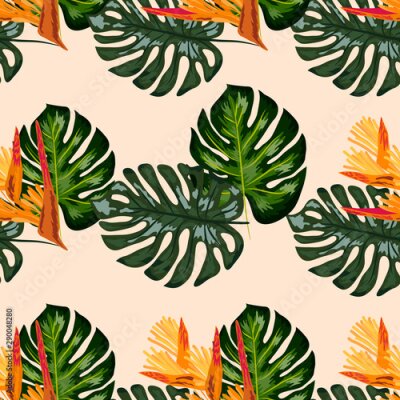 Papier peint  Print exotic tropic plants and palm trees, banana leaf with lobster claws flower, strelitzia
