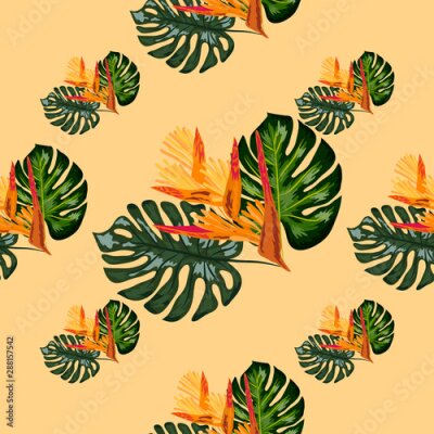 Papier peint  Print exotic tropic plants and palm trees, banana leaf with lobster claws flower, strelitzia