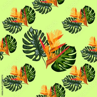 Papier peint  Print exotic tropic plants and palm trees, banana leaf with lobster claws flower, strelitzia