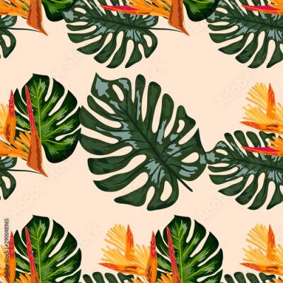 Papier peint  Print exotic tropic plants and palm trees, banana leaf with lobster claws flower, strelitzia