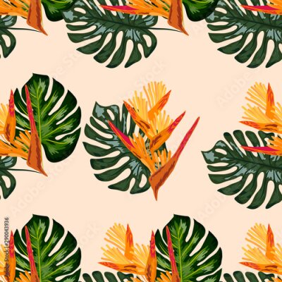 Papier peint  Print exotic tropic plants and palm trees, banana leaf with lobster claws flower, strelitzia