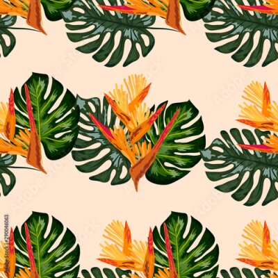 Papier peint  Print exotic tropic plants and palm trees, banana leaf with lobster claws flower, strelitzia