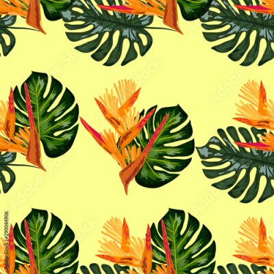 Papier peint  Print exotic tropic plants and palm trees, banana leaf with lobster claws flower, strelitzia