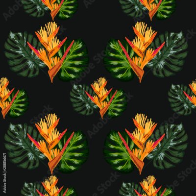 Papier peint  Print exotic tropic plants and palm trees, banana leaf with lobster claws flower, strelitzia