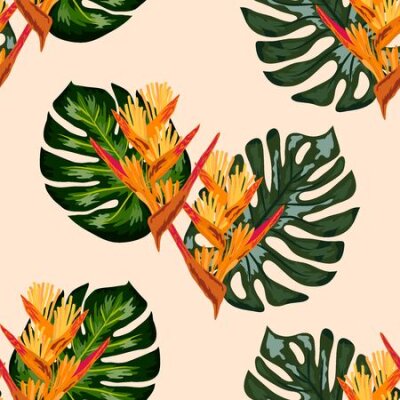 Papier peint  Print exotic tropic plants and palm trees, banana leaf with lobster claws flower, strelitzia. Seamless wallpaper pattern summer jungle art in trendy style