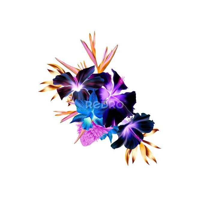 Papier peint  Purple Hibiscus, Yellow Orchids, Strelitzia, Tropical Flower Bouquet, Pink Flowers DIY Wedding Flowers