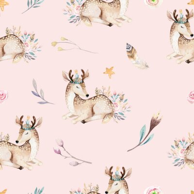 Papier peint à motif  Raccon mignon de bébé de famille, cerf et lapin. girafe de pépinière animale et ours isolé illustration. Aquarelle boho raccon dessin pépinière modèle sans couture. Fond d'enfants, impression de crèch