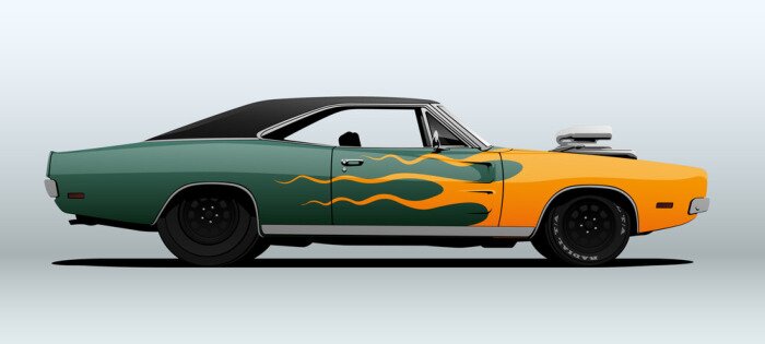 Papier peint  Racing muscle car in vector with flames on body.
