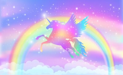 Papier peint  Rainbow background with winged unicorn silhouette with stars.