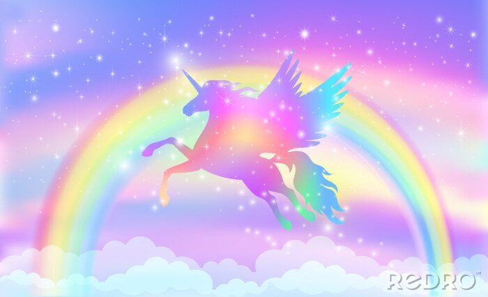 Papier peint  Rainbow background with winged unicorn silhouette with stars.