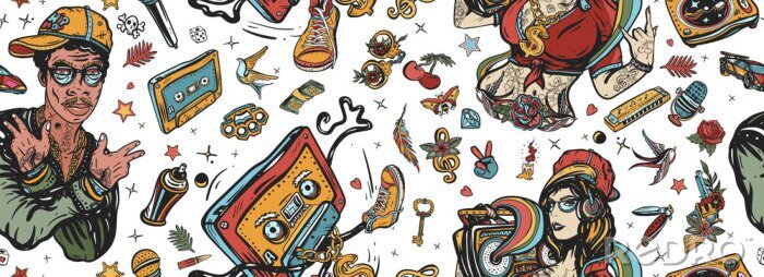 Papier peint  Rap music seamless pattern. Old school tattoo style. Hip hop girl, swag woman. African American man rapper. Audio cassette, break dance art. Street ghetto lifestyle. Pop culture musical background
