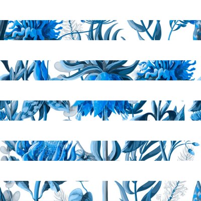 Rayures blanches et fleurs bleues
