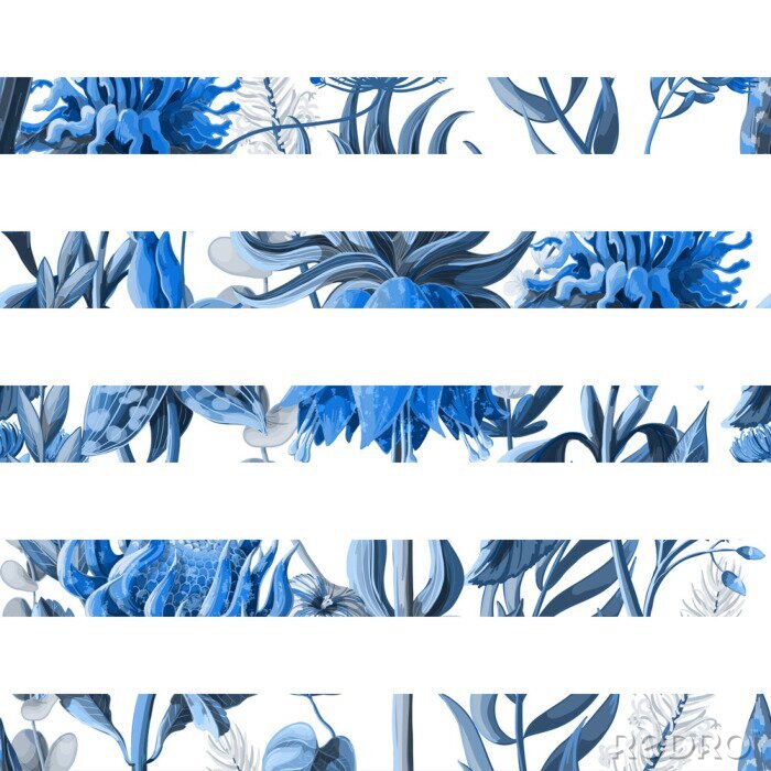 Papier peint  Rayures blanches et fleurs bleues