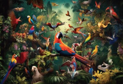 Papier peint  Realistic collection of beautiful exotic tropical birds vector macaw, parrot, toucan, strelitzia, hibiscus flower.