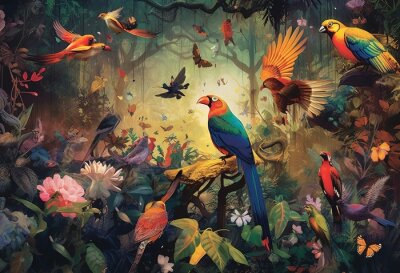Papier peint  Realistic collection of beautiful exotic tropical birds vector macaw, parrot, toucan, strelitzia, hibiscus flower.
