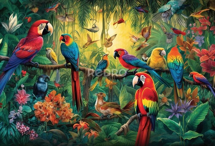 Papier peint  Realistic collection of beautiful exotic tropical birds vector macaw, parrot, toucan, strelitzia, hibiscus flower.