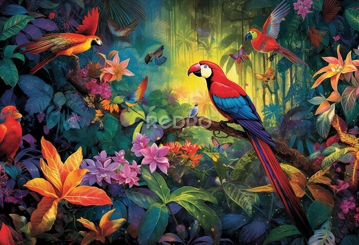 Papier peint  Realistic collection of beautiful exotic tropical birds vector macaw, parrot, toucan, strelitzia, hibiscus flower.