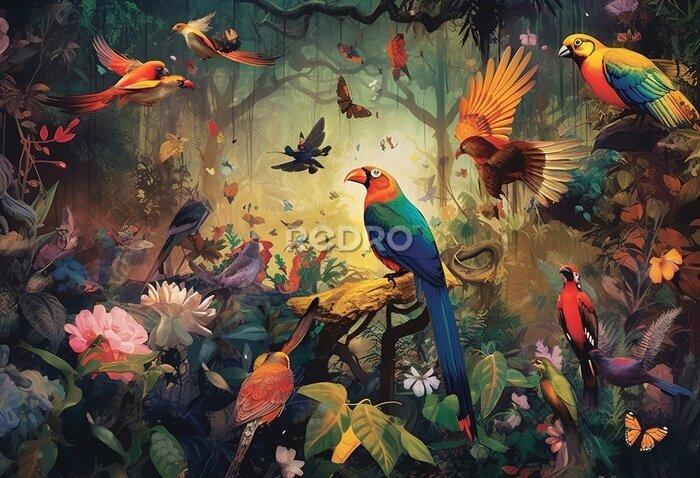 Papier peint  Realistic collection of beautiful exotic tropical birds vector macaw, parrot, toucan, strelitzia, hibiscus flower.