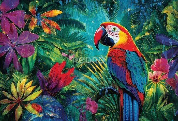 Papier peint  Realistic collection of beautiful exotic tropical birds vector macaw, parrot, toucan, strelitzia, hibiscus flower.
