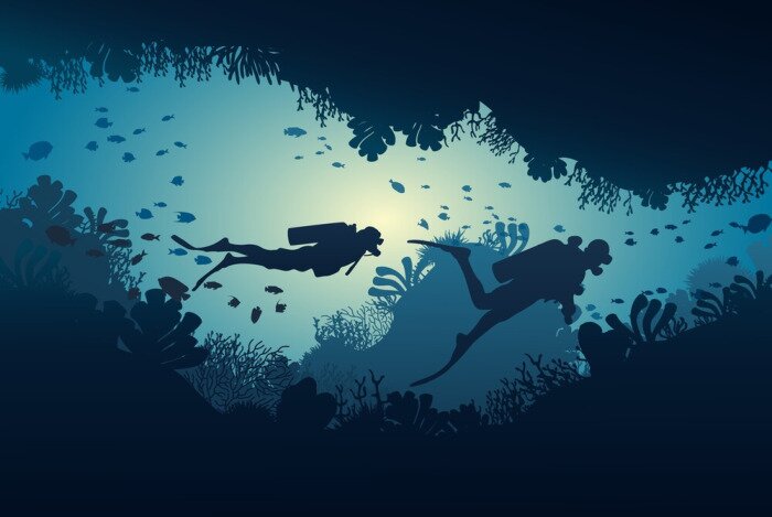 Papier peint  Récif corallien graphique et plongeurs