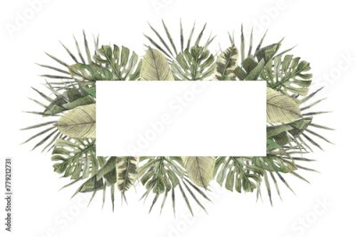 Papier peint  Rectangular frame of tropical leaves, fan palm, monstera, strelitzia. Hand drawn watercolor frame on isolated background. Botanical illustration for design of invitations, cards, weddings and holidays