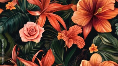 Papier peint  Red amaryllis orange strelitzia orange daylily pink rose illustration Seamless background pattern featuring floral botanical elements and isolated wild leaves Exotic tropical foliage