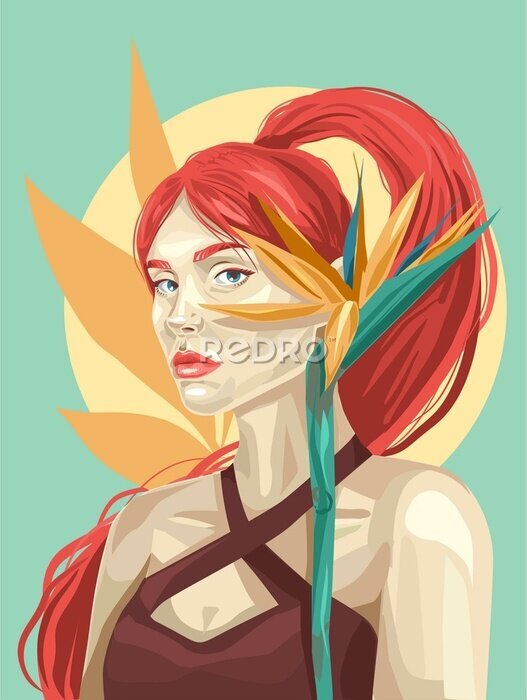Papier peint  red-haired girl with an exotic strelitzia flower
