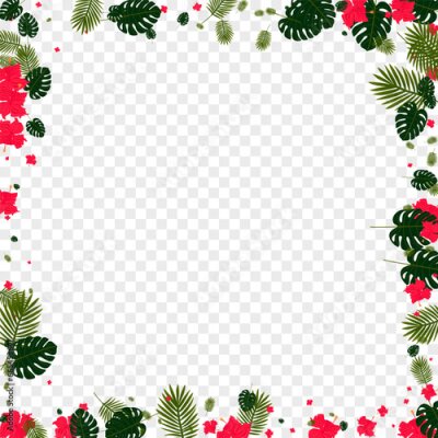 Papier peint  Red Strelitzia Background Transparent Vector. Philodendron Aloha Card. Yellow Flower. Branch Frame. Green Paradise Design.