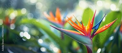 Papier peint  Red Strelitzia reginae Ait Background green leaves in garden. Creative banner. Copyspace image
