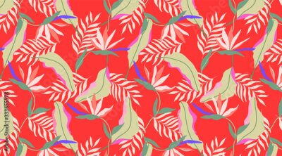 Papier peint  Red vibrant seamless exotic pattern. Tropical design for web and print. Strelitzia flowers, beige and soft green palm leaves on a red background. Modern hand drawn vector pattern design. 