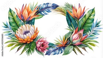 Papier peint  Reflected tropical wreath with watercolor bright protea and strelitzia flowers and deep blue palm leaves