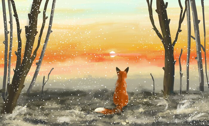 Papier peint  Renard dans une forêt en hiver au coucher du soleil