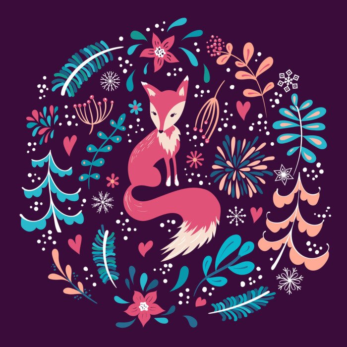 Papier peint  Renard entre des plantes sur fond bordeaux