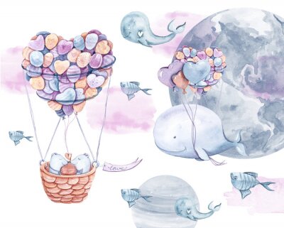 Renard mignon et lapin volant dans un ballon de lune