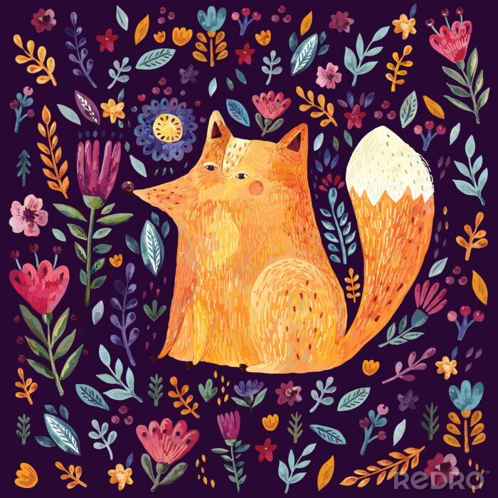 Papier peint  Renard parmi des fleurs sur fond sombre