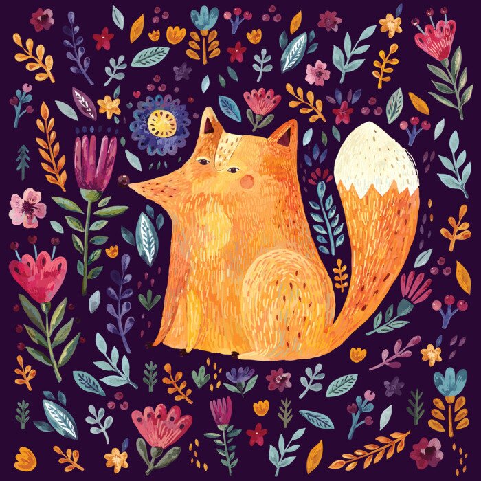 Papier peint  Renard parmi des fleurs sur fond sombre