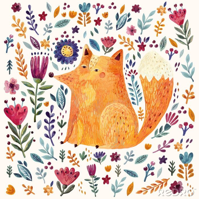 Papier peint  Renard peint parmi des fleurs colorées