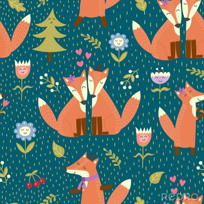 Papier peint  Renards enlacés avec des fleurs et des sapins de Noël