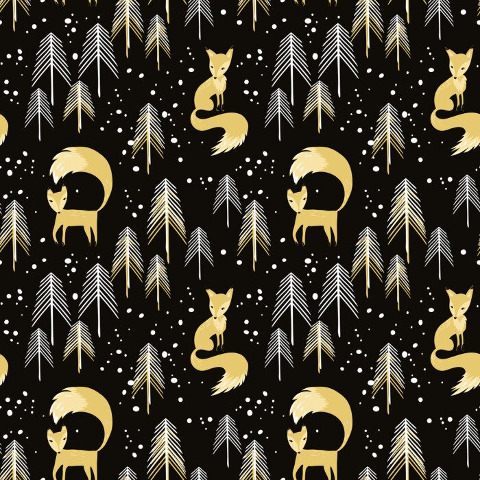 Papier peint  Renards et arbres dans des tons noirs et jaunes