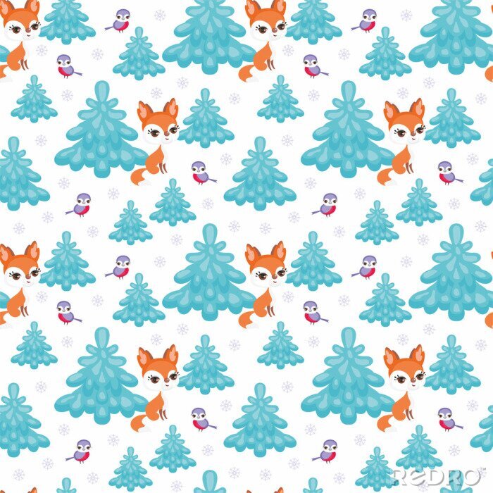 Papier peint  Renards et oiseaux dans la forêt d'hiver