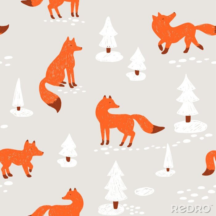 Papier peint  Renards et sapins de Noël enneigés sur fond gris