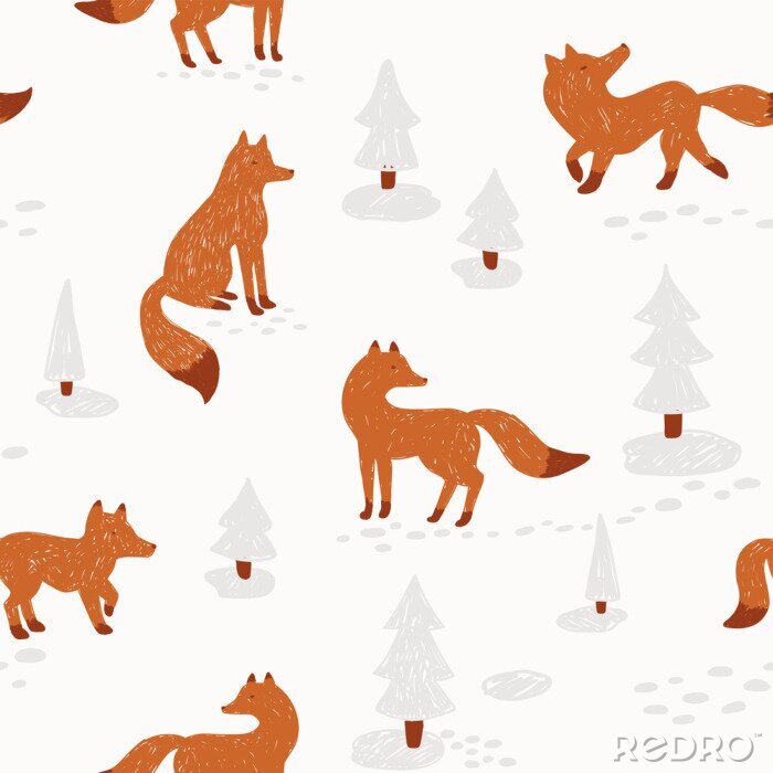 Papier peint  Renards et sapins de Noël enneigés sur fond rose