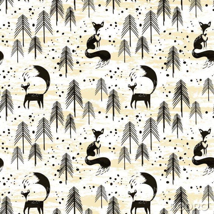 Papier peint  Renards noirs et arbres sur fond jaune