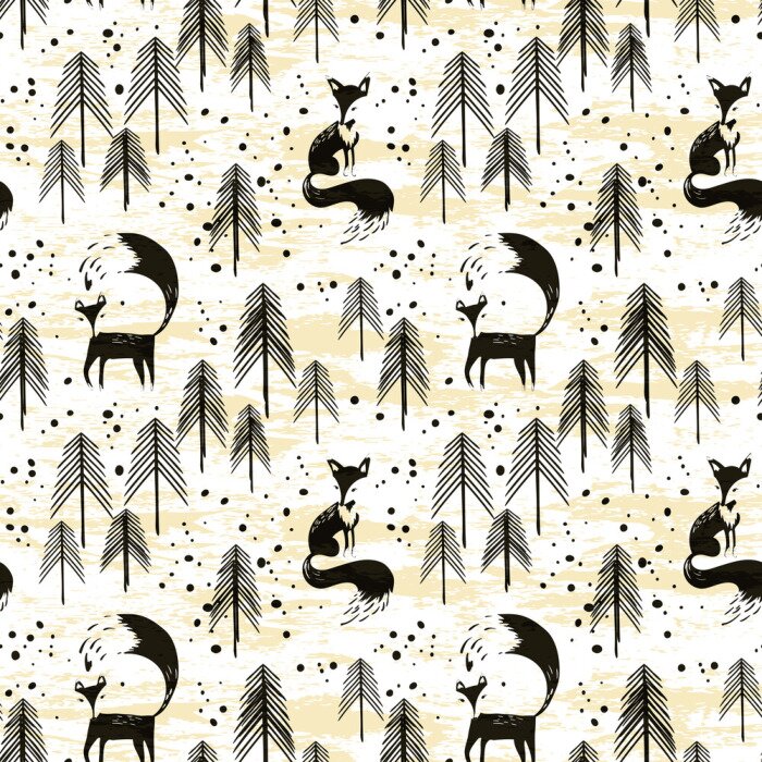 Papier peint  Renards noirs et arbres sur fond jaune