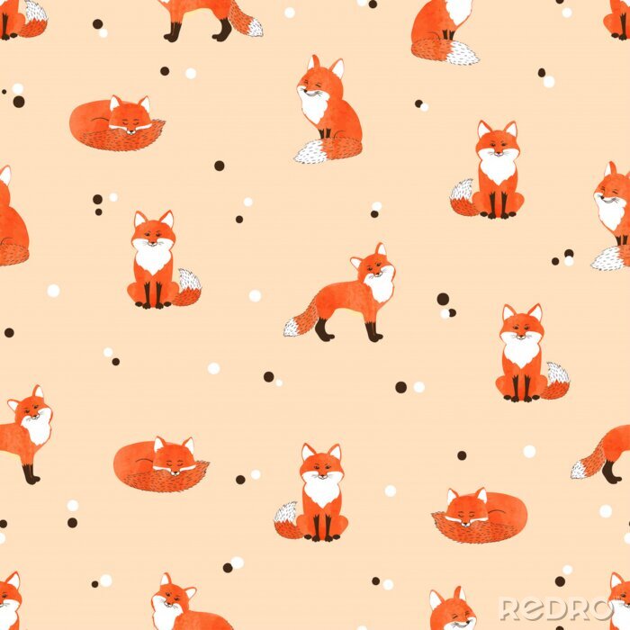 Papier peint  Renards orange sur fond poudré