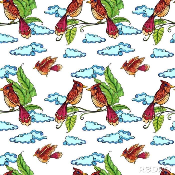 Papier peint  Représentation graphique d'oiseaux et de nuages