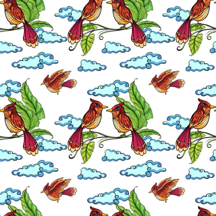 Papier peint  Représentation graphique d'oiseaux et de nuages