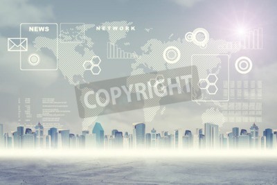 Papier peint  Résumé fond virtuel avec paysage urbain, carte du monde et graphiques