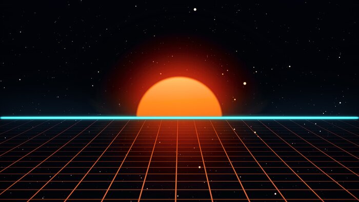 Papier peint  Rétro futuriste 80 s VHS bande vidéo intro paysage. Vol au-dessus de la grille de néon avec le lever du soleil et les étoiles. Arcade vintage stylisé science fiction VJ motion illustration 3d en 4K