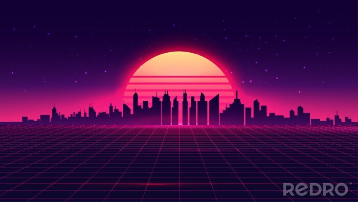 Papier peint  Retro futuristic synthwave retrowave styled night cityscape with sunset on background. Cover or banner template for retro wave music. Vector illustration.